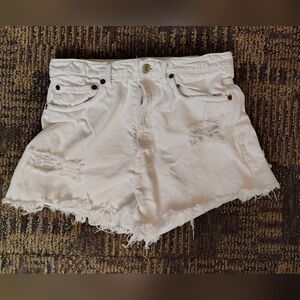 Zara White High Waist Frayed Denim Shorts